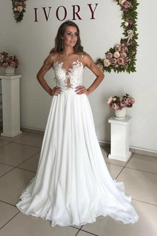 A-Linie Weiß Chiffon Applikationen Durchsichtig Boho Brautkleid WD344
