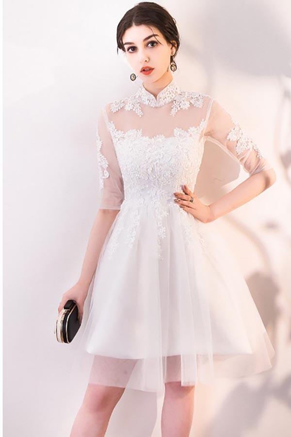 Vestido de fiesta de tul y encaje blanco con corte en A y mangas PD062