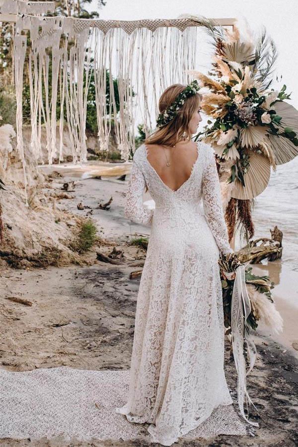 Vestido de novia blanco de encaje, corte A, largo hasta el suelo y mangas largas WD542
