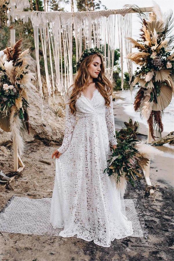 Vestido de novia blanco de encaje, corte A, largo hasta el suelo y mangas largas WD542