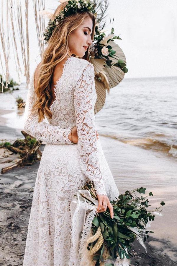 Vestido de novia blanco de encaje, corte A, largo hasta el suelo y mangas largas WD542