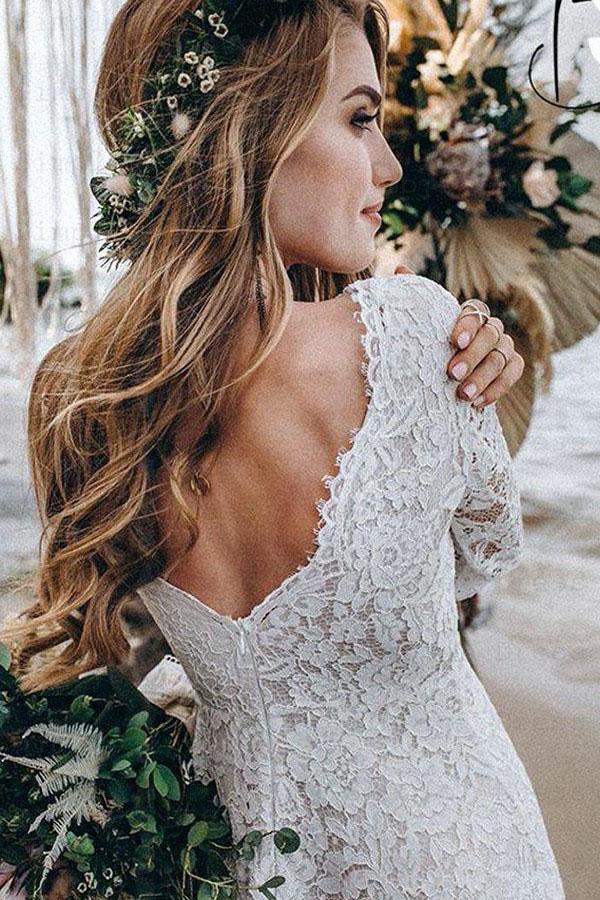 Vestido de novia blanco de encaje, corte A, largo hasta el suelo y mangas largas WD542