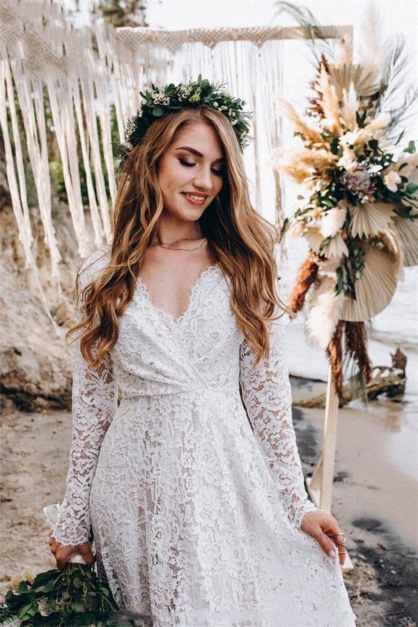 Vestido de novia blanco de encaje, corte A, largo hasta el suelo y mangas largas WD542