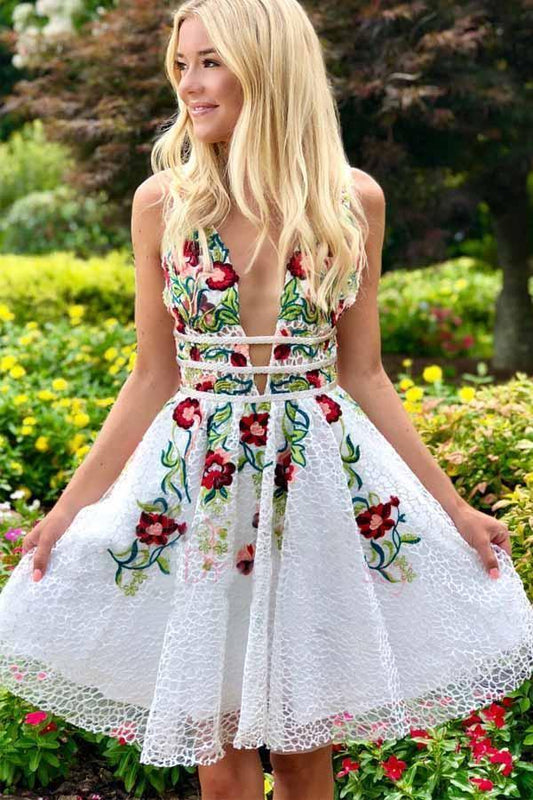 A-Linie Weißes kurzes Ballkleid Homecoming-Kleid mit Blumenmuster PD248