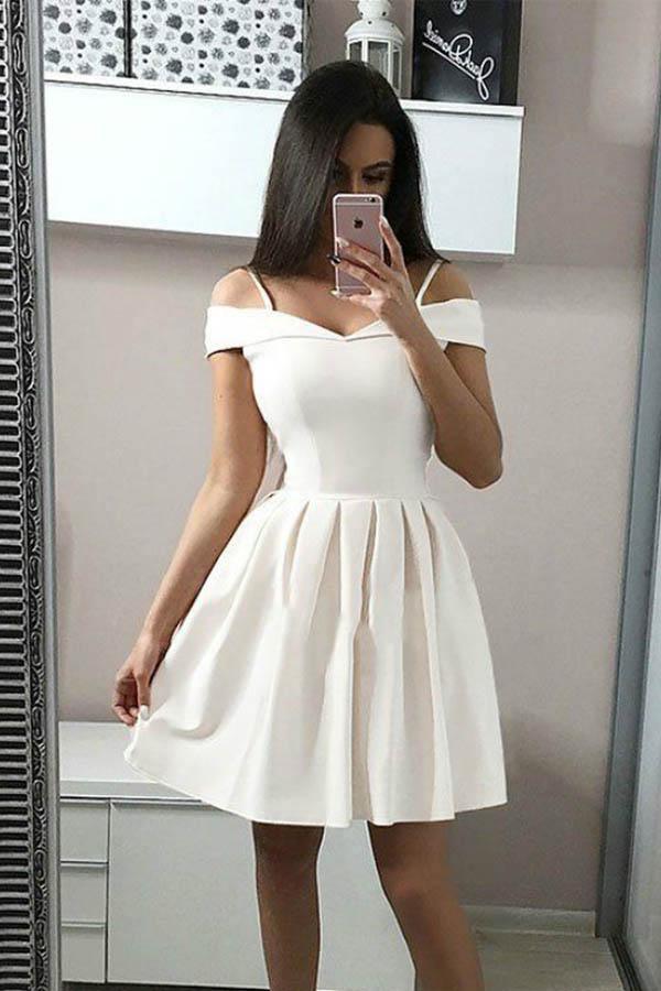 A-Linie Weißes Spaghettiträger Satin Homecoming Kleid Kurzes Ballkleid PD249