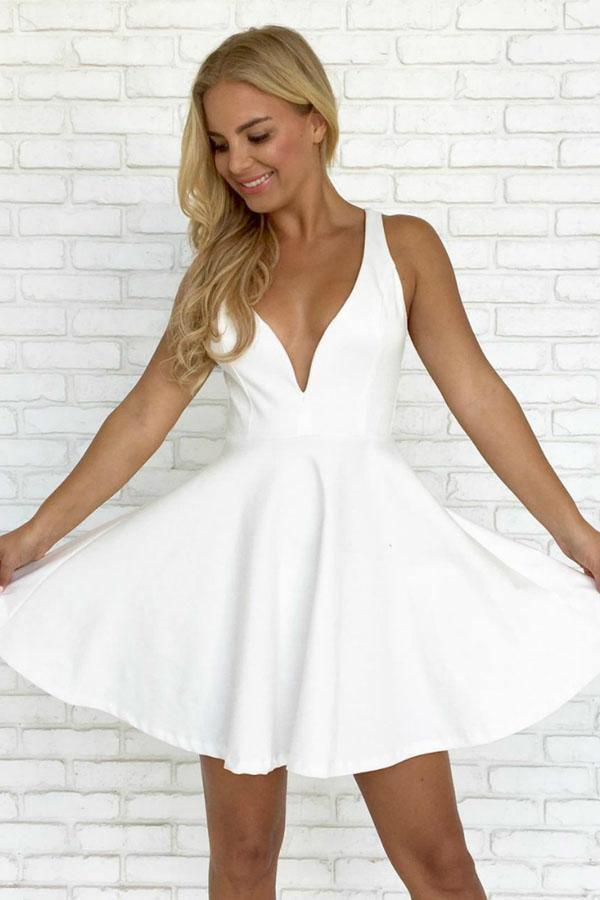 Vestido de fiesta corto de satén con tirantes blancos, corte A y espalda descubierta, PD286