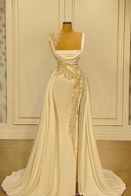 A-Linien-Ballkleid mit breiten Trägern, quadratischem Ausschnitt und Perlenbesatz und Seitenschlitz