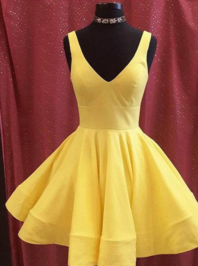 Vestido de fiesta corto de satén amarillo con corte en A, vestido de fiesta para el regreso a casa, vestidos de fiesta cortos PG113