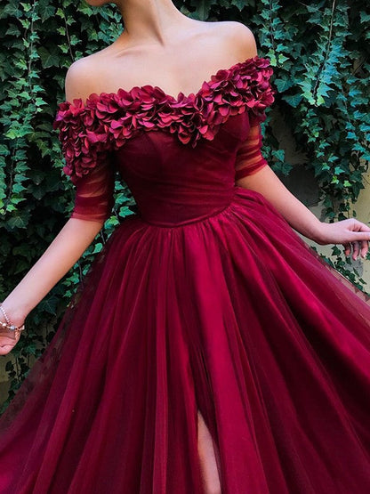 A-Linie/Elegant 1/2 Ärmel Off-the-Shoulder Rüschen Tüll Ballkleider