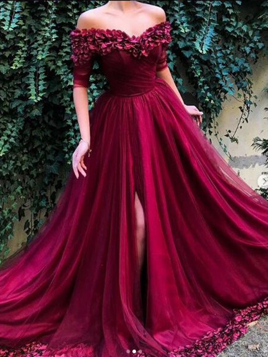 A-Linie/Elegant 1/2 Ärmel Off-the-Shoulder Rüschen Tüll Ballkleider