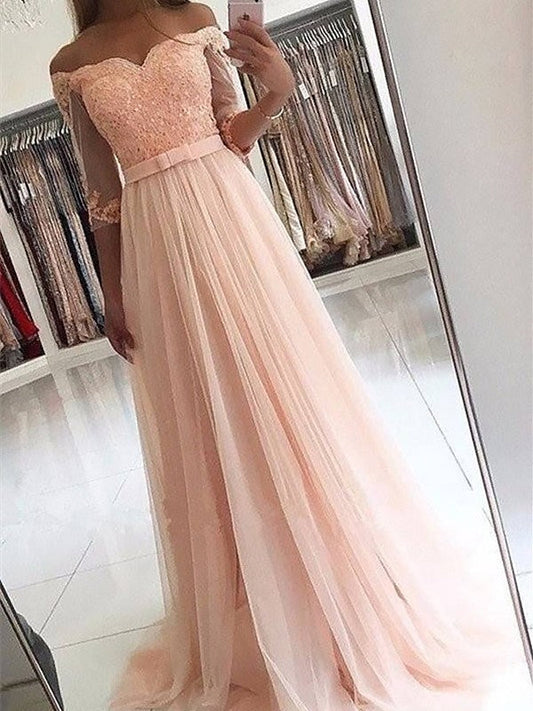 A-Linie/Elegant 3/4 Ärmel Off-the-Shoulder Tüll Schärpe/Band/Gürtel Ballkleider