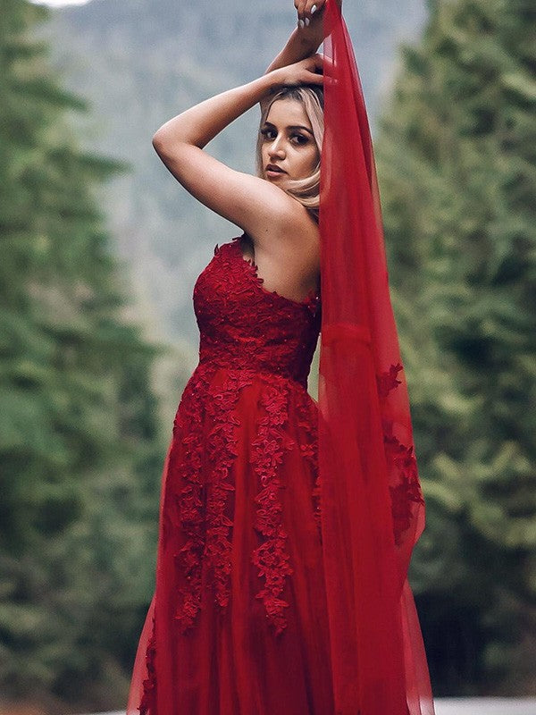 Vestidos de fiesta elegantes de corte A/a con apliques de tul, sin mangas, escote en V y largo hasta el suelo