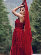 Vestidos de fiesta elegantes de corte A/a con apliques de tul, sin mangas, escote en V y largo hasta el suelo