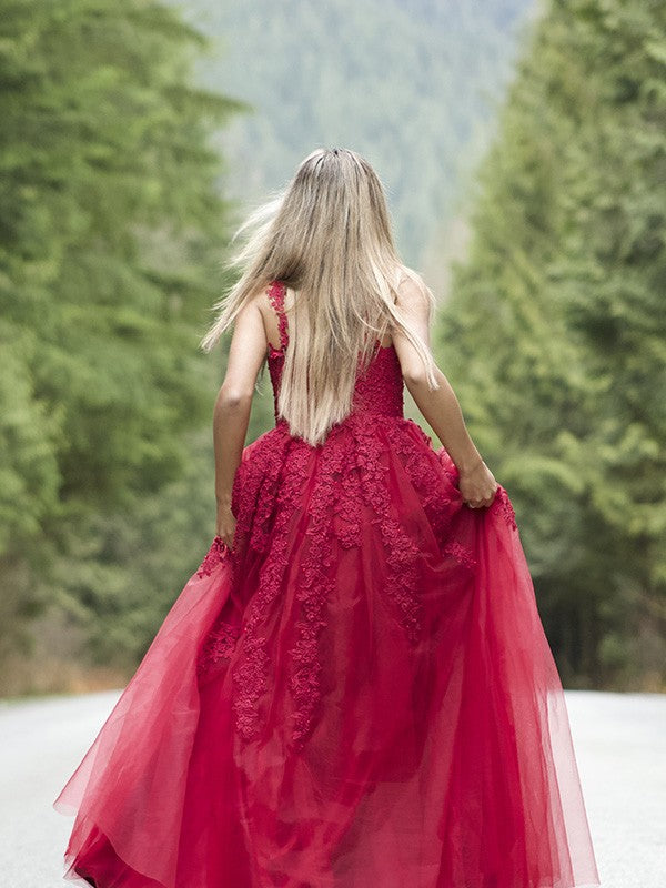 Vestidos de fiesta elegantes de corte A/a con apliques de tul, sin mangas, escote en V y largo hasta el suelo