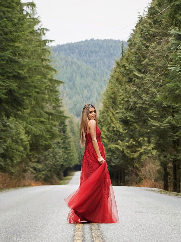 Vestidos de fiesta elegantes de corte A/a con apliques de tul, sin mangas, escote en V y largo hasta el suelo