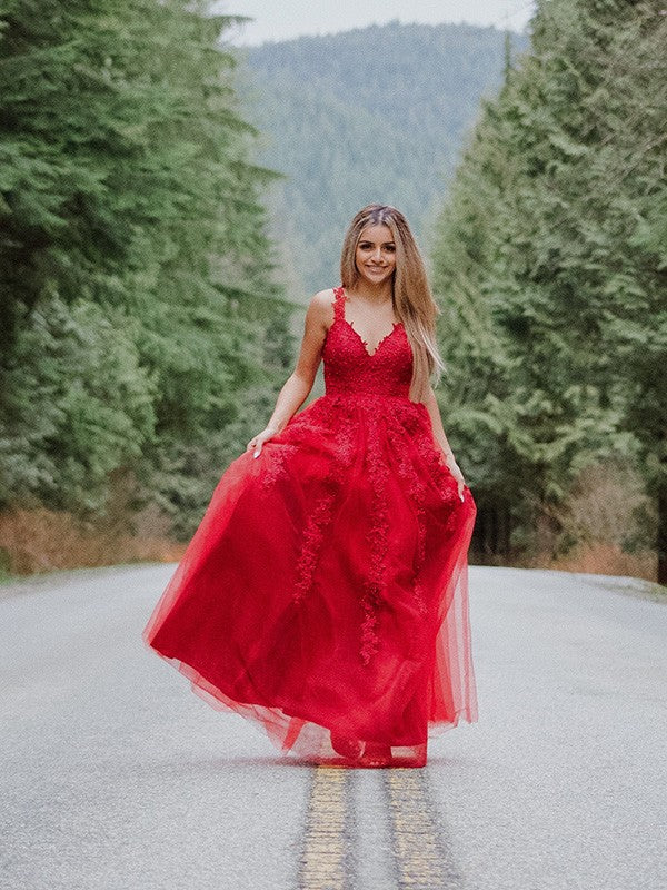 Vestidos de fiesta elegantes de corte A/a con apliques de tul, sin mangas, escote en V y largo hasta el suelo