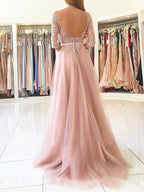 A-Linie/Elegantes Bateau-Abschlussballkleid mit 3/4-Ärmeln und Applikationen aus Tüll