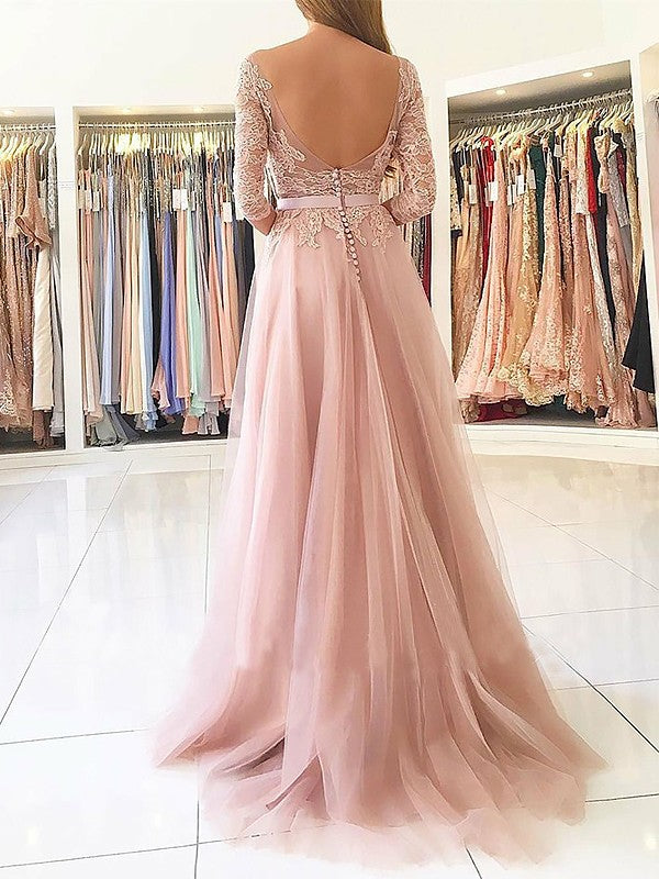 A-Linie/Elegantes Bateau-Abschlussballkleid mit 3/4-Ärmeln und Applikationen aus Tüll