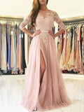 A-Linie/Elegantes Bateau-Abschlussballkleid mit 3/4-Ärmeln und Applikationen aus Tüll