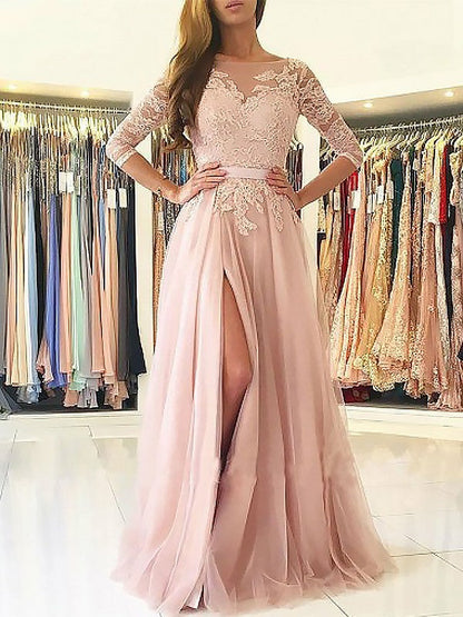 A-Linie/Elegantes Bateau-Abschlussballkleid mit 3/4-Ärmeln und Applikationen aus Tüll