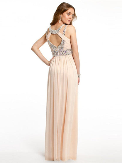 A-Linie/Elegant Bateau-Ausschnitt Perlen verziert Ärmellos Chiffon Bodenlang Abiballkleider