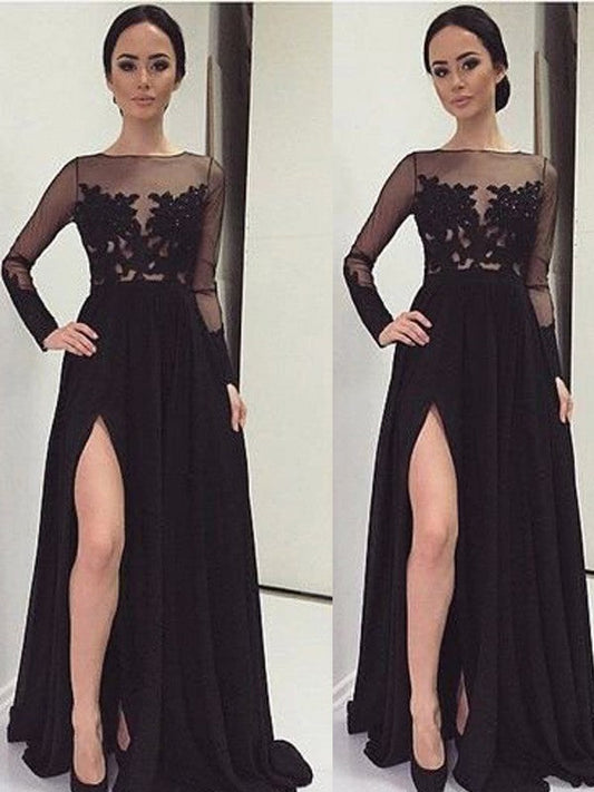 A-Linie/Elegant Bateau-Ausschnitt Lange Ärmel Spitze Bodenlang Chiffon Abiballkleider