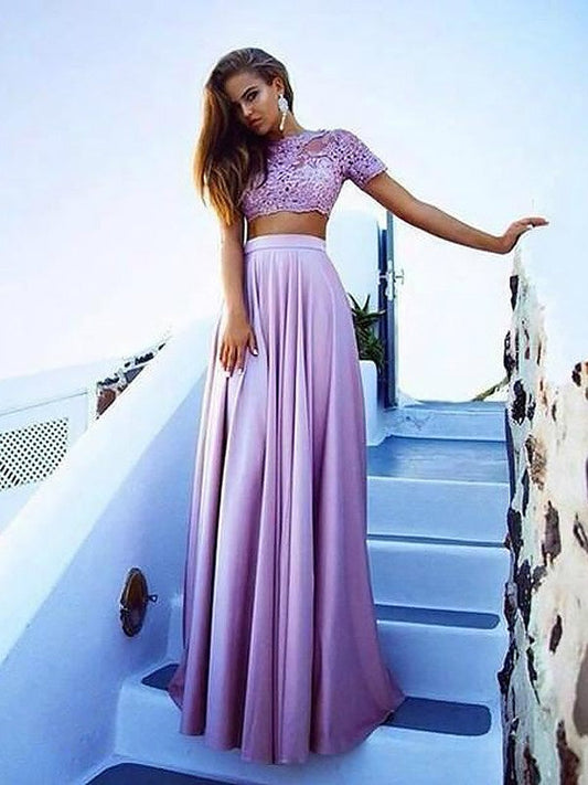 A-Linie/Elegant Bateau-Ausschnitt Kurze Ärmel Satin Bodenlang Spitze Zweiteilige Ballkleider