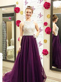 Vestidos de fiesta elegantes de tul con cuentas, sin mangas y corte A/barco