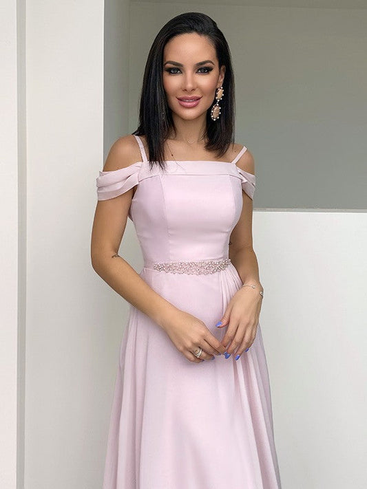 A-Linie/Elegant Chiffon Perlen verziert Träger Ärmellos Bodenlang Abiballkleider