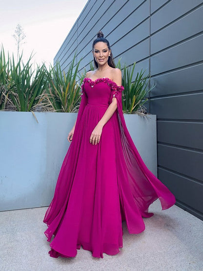 A-Linie/Elegant Chiffon Bodenlang Lange Ärmel Rüschen Schulterfrei Ballkleider