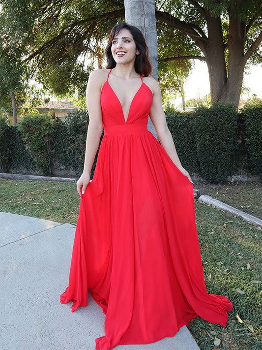 A-Linie/Elegant Chiffon Spaghettiträger Rüschen Ärmellos Bodenlang Abiballkleider