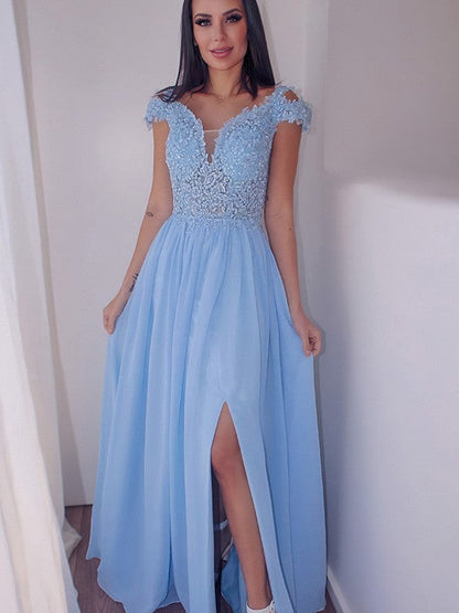 A-Linie/Elegant Bodenlang Off-the-Shoulder Ärmellos Chiffon Applikationen Ballkleider
