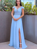 A-Line/Elegant Floor-Length Off-the-Shoulder Sleeveless Chiffon Applique Prom Dresses