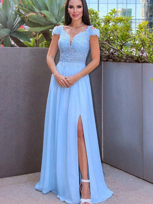 A-Linie/Elegant Bodenlang Off-the-Shoulder Ärmellos Chiffon Applikationen Ballkleider