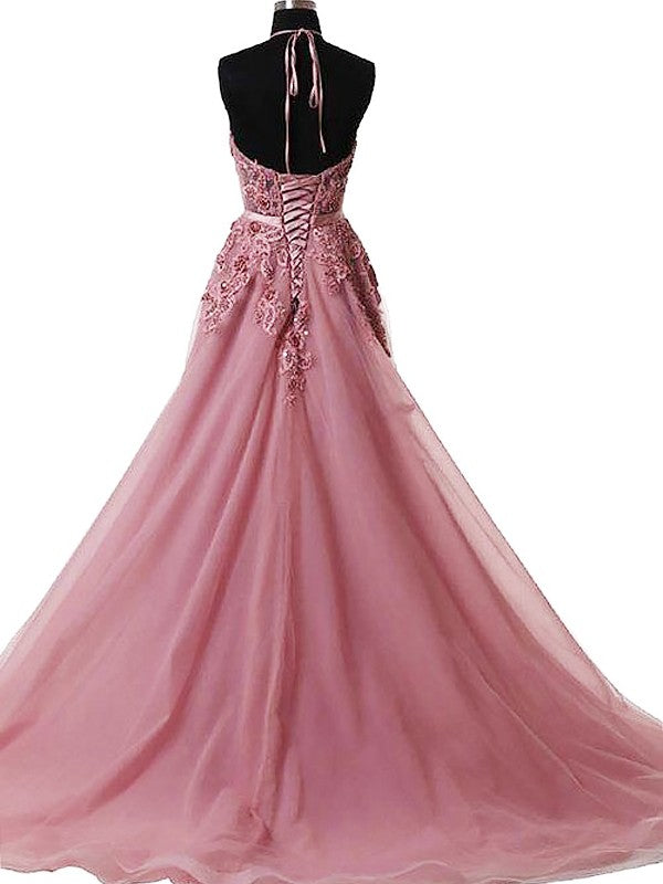 A-Linie/Elegant Neckholder Ärmellos Applikationen Tüll Ballkleider