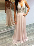 Vestidos de fiesta elegantes de gasa con encaje y cuello halter, sin mangas y corte A