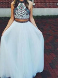 Elegante vestido de fiesta de dos piezas con escote halter, sin mangas, largo hasta el suelo, con red y abalorios