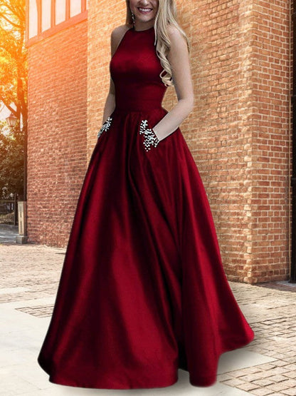 A-Linie/Elegant Neckholder Ärmellos Bodenlang Perlen verziert Satin Abiballkleider