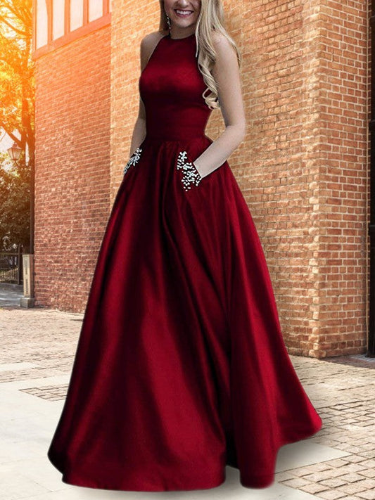 A-Linie/Elegant Neckholder Ärmellos Bodenlang Perlen verziert Satin Abiballkleider