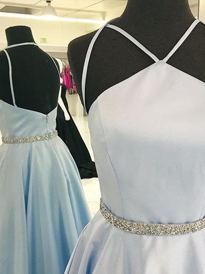 Vestidos de fiesta elegantes de satén con corte A/halter, sin mangas y hasta el suelo
