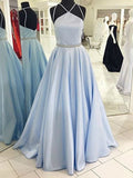 Vestidos de fiesta elegantes de satén con corte A/halter, sin mangas y hasta el suelo