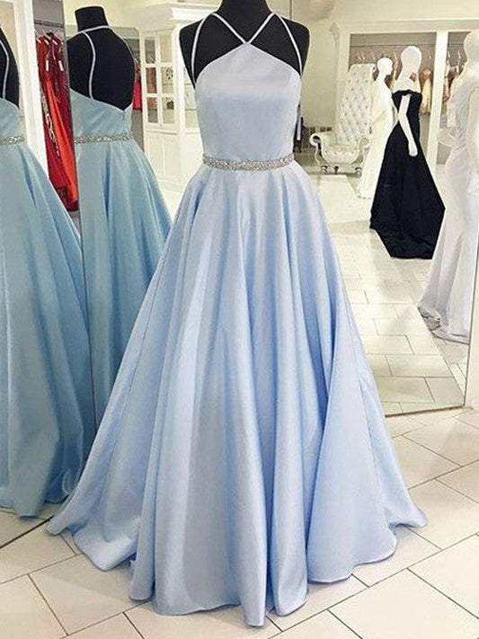 Vestidos de fiesta elegantes de satén con corte A/halter, sin mangas y hasta el suelo