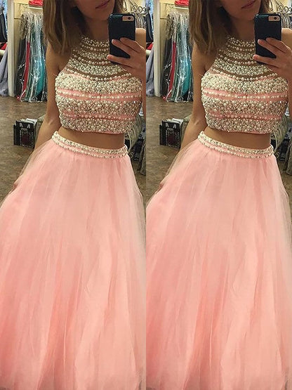 Elegante vestido de fiesta de dos piezas con escote halter, sin mangas, de tul, largo hasta el suelo y cuentas