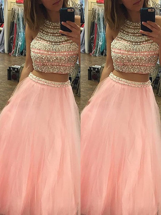 Elegante vestido de fiesta de dos piezas con escote halter, sin mangas, de tul, largo hasta el suelo y cuentas