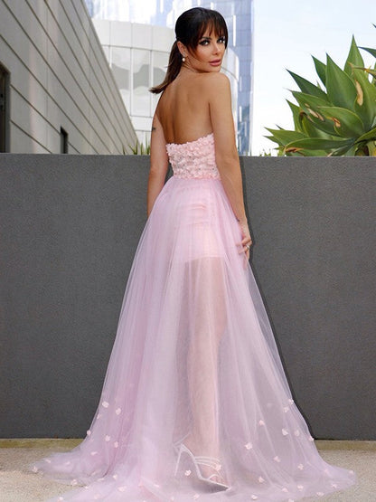 Elegante vestido de fiesta de corte A con escote en forma de corazón, sin mangas, de tul y flores hechas a mano