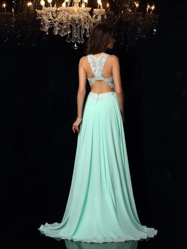 Vestidos de fiesta elegantes de gasa larga, sin mangas, con cuello alto y apliques, corte A