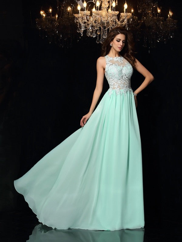 Vestidos de fiesta elegantes de gasa larga, sin mangas, con cuello alto y apliques, corte A