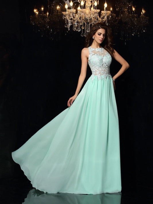 Vestidos de fiesta elegantes de gasa larga, sin mangas, con cuello alto y apliques, corte A