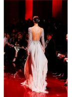Vestidos de fiesta elegantes de gasa con cuello alto, mangas largas y apliques