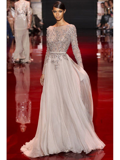 Vestidos de fiesta elegantes de gasa con cuello alto, mangas largas y apliques